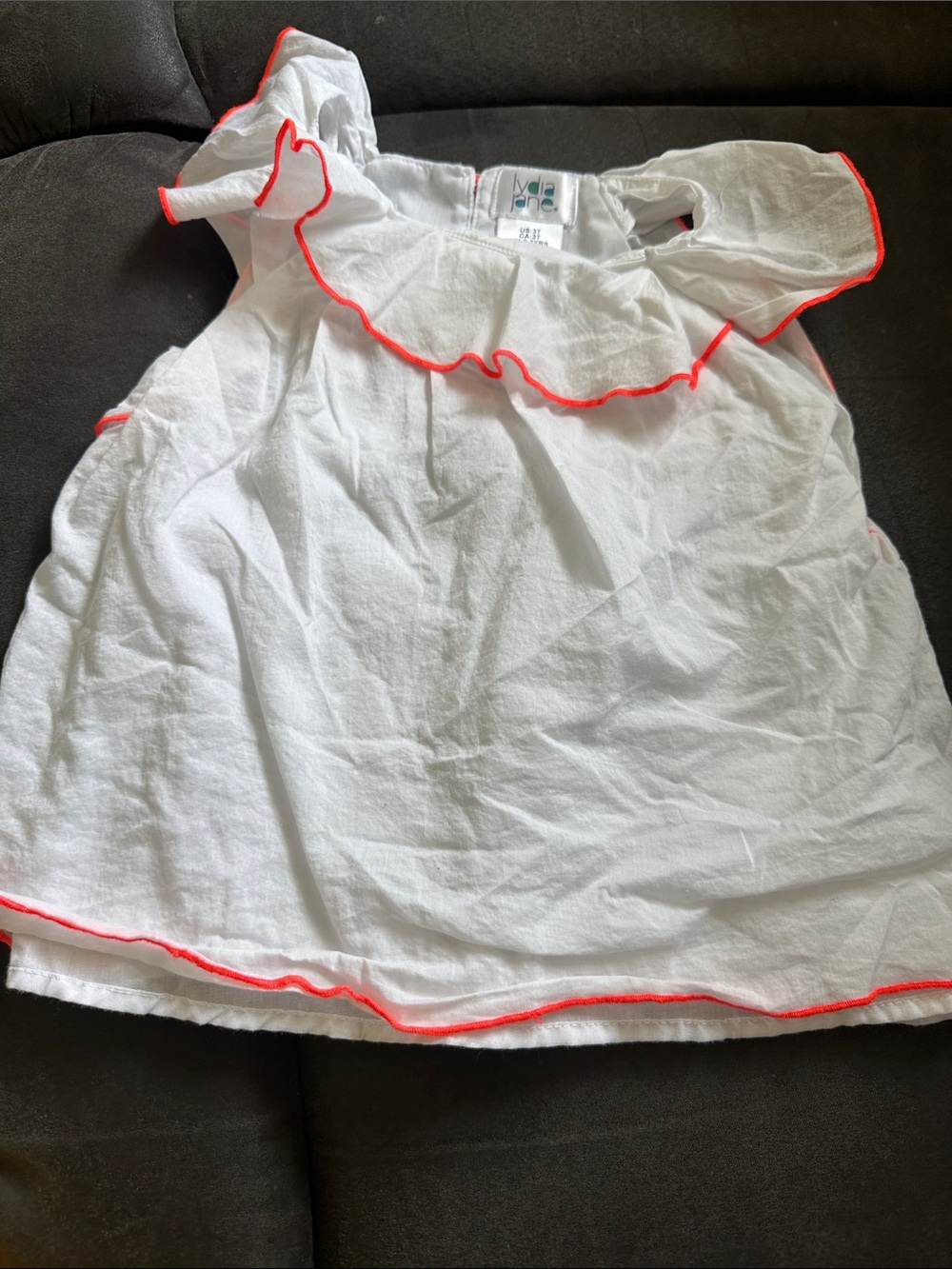 White Ruffle Blouse with Neon Coral Trim